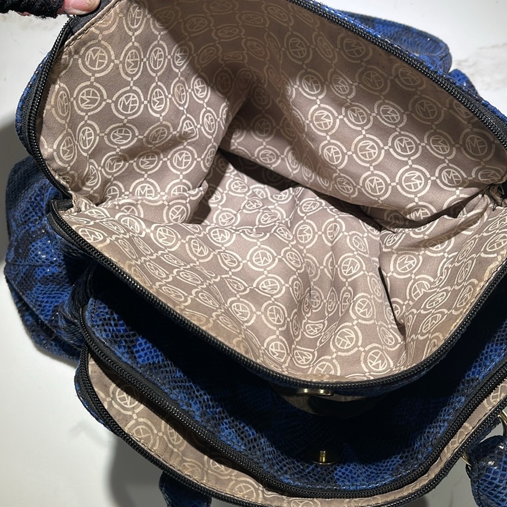 MARC FISHER Faux Snakeskin Shoulder Satchel, 3 Compartments,Navy/Black/Gold Trim - Picture 6 of 12